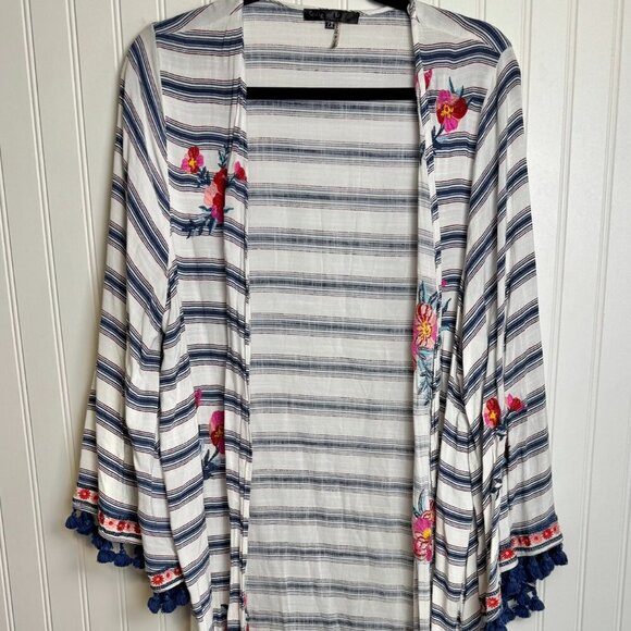 Glitzy Girlz Striped Full Length Duster Floral Embroidery, Pom Fringe I4 - Picture 2 of 6